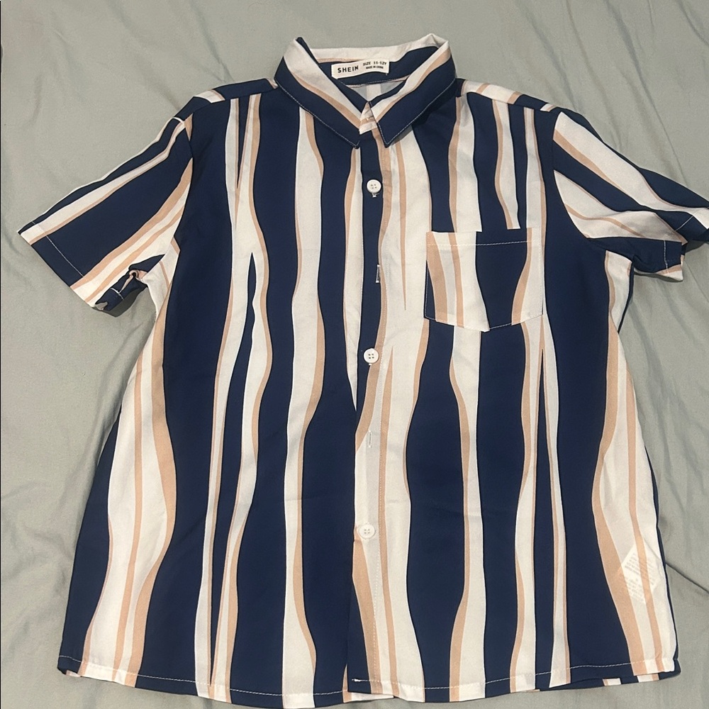 SHEIN Kids Navy and White Striped Button Down Shirt